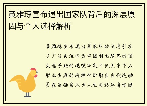 黄雅琼宣布退出国家队背后的深层原因与个人选择解析